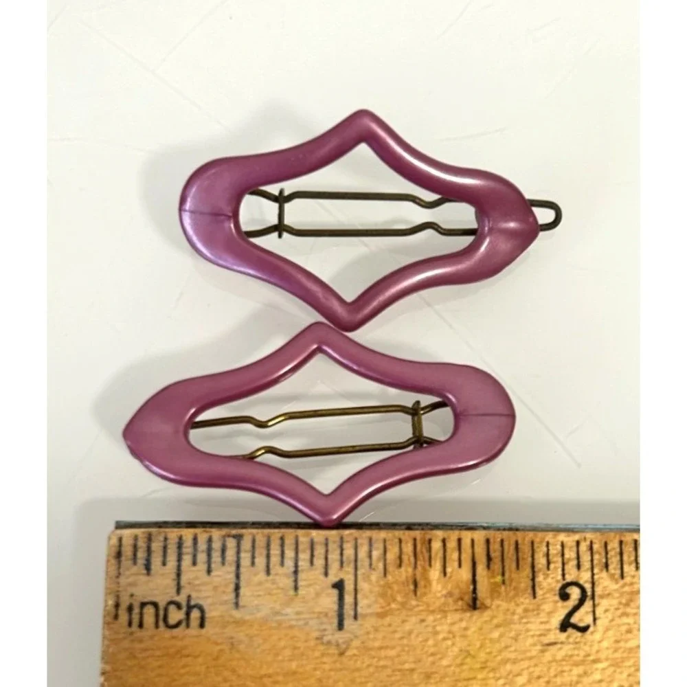 Vintage France Mauve Diamond Hair Clips Pair 1970s Geometric Mod Barrette As Is